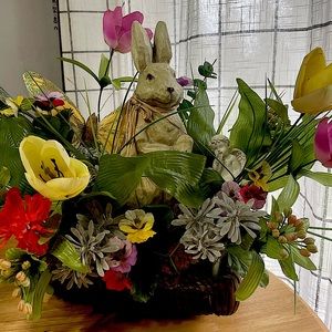 18” Vintage Paper Mache Large Bunny in Floral Vintage Basket